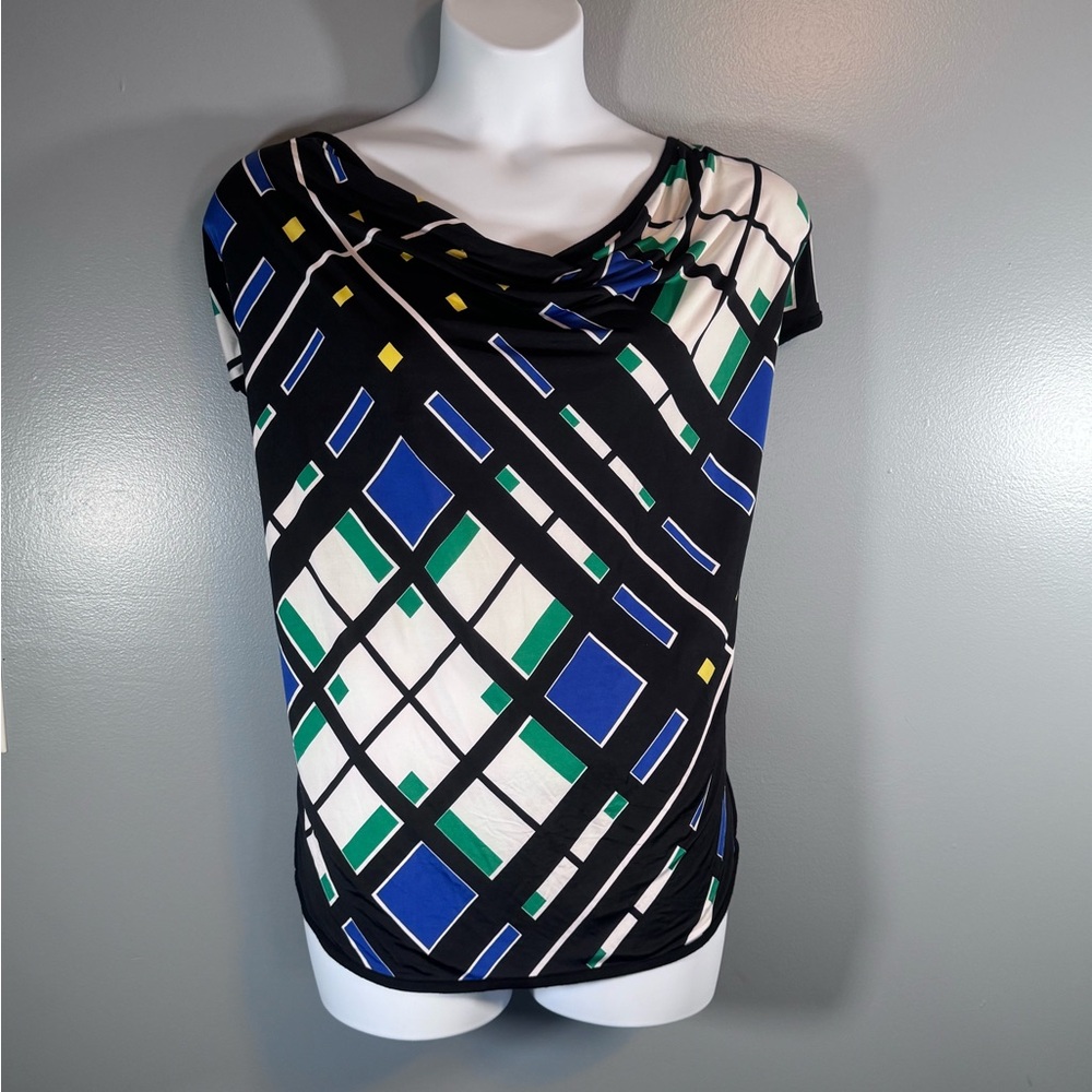 Worthington Woman Stretch Geometric Print Top 1X Black Blue Green Cowl Neck